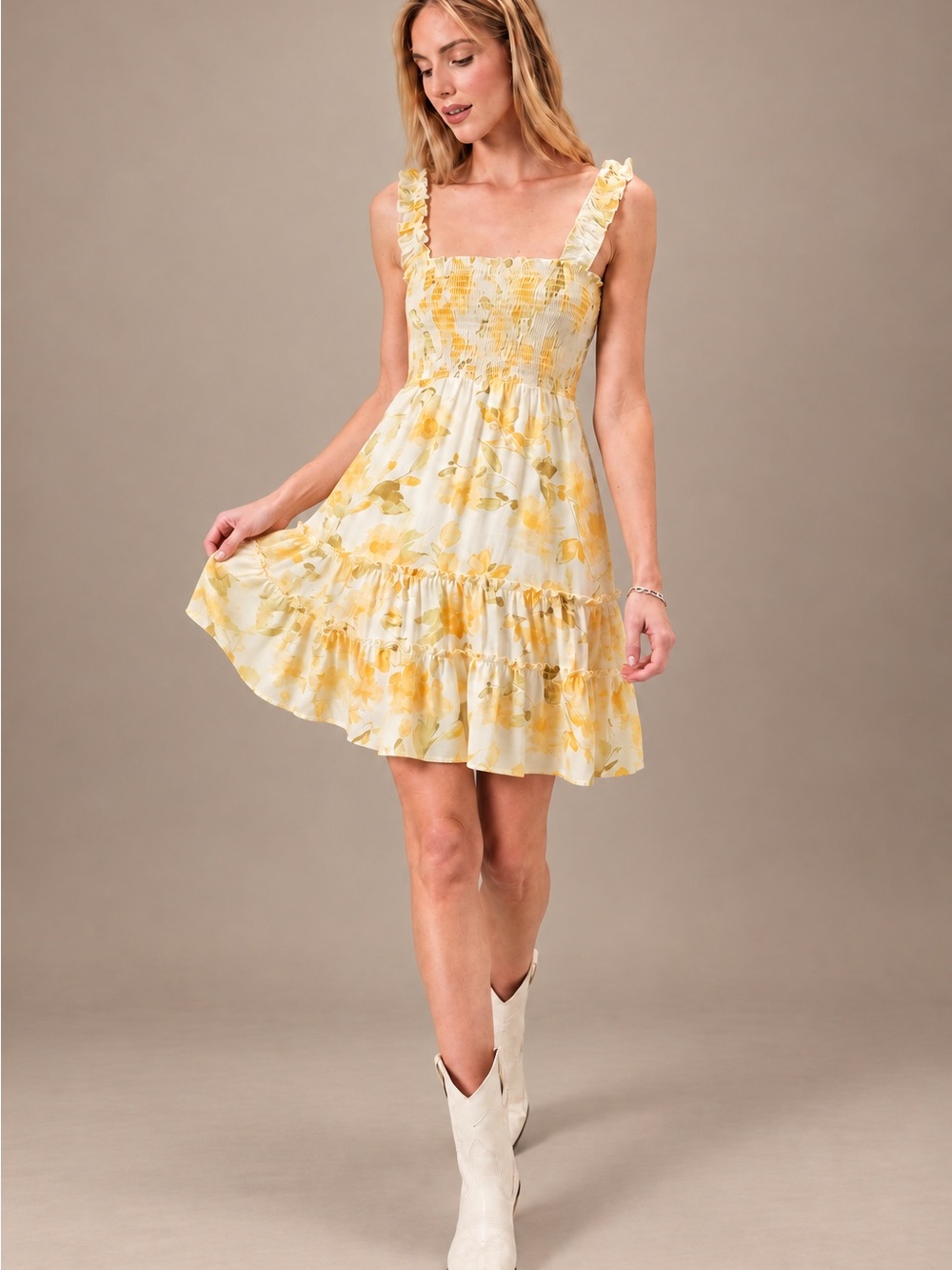 Gilli Yellow & Light Green Floral Smocked Ruffle Summer Mini Dress NWT
